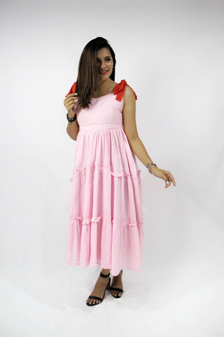 Pink Mul Tie-Up Layered Dress