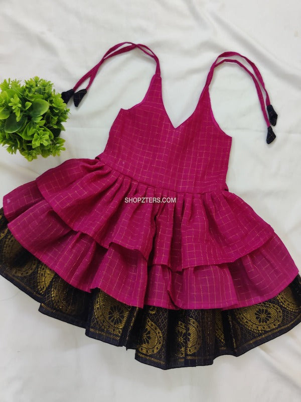 Rose Pink and Navy Blue Tripple Layer Frock