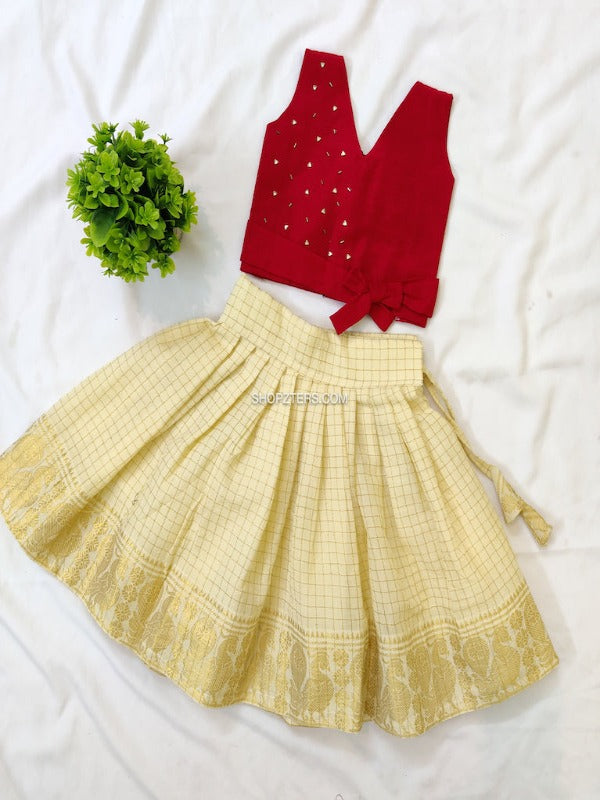 Red Top With Off White Skirt