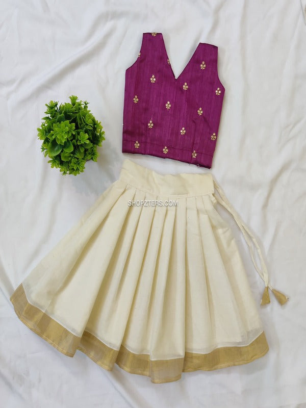 Purple Top With Off White Skirt