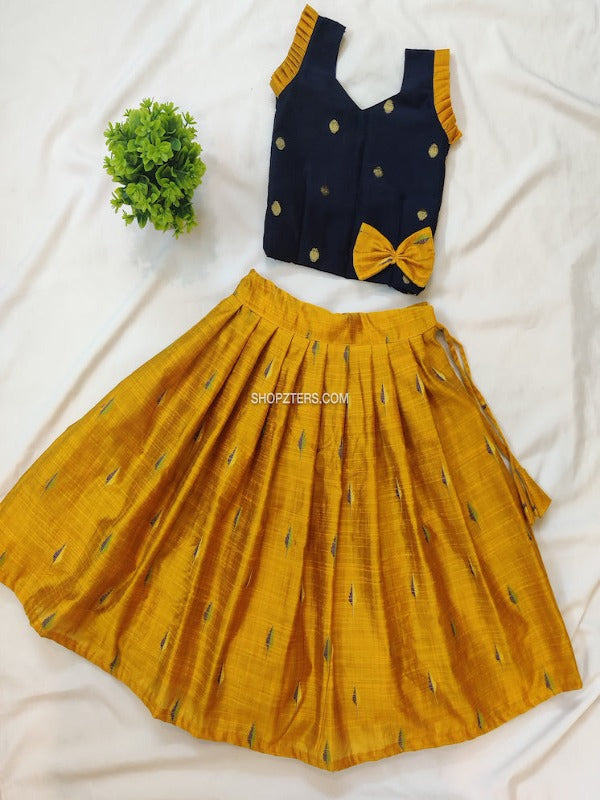 Navy Blue and Yellow Pattu Pavadai Set