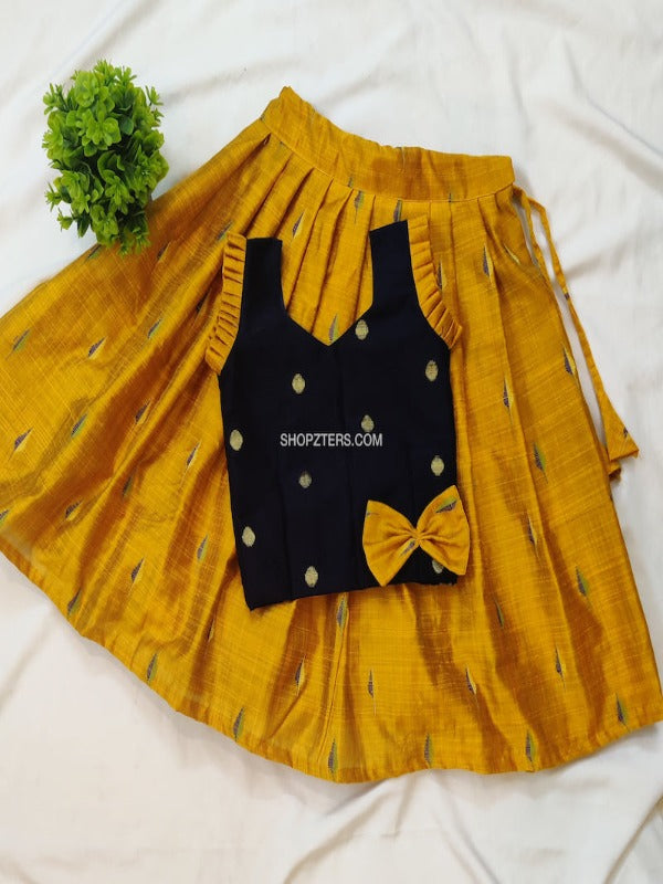 Navy Blue and Yellow Pattu Pavadai Set