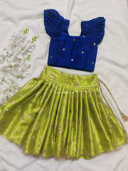 Blue Dupion Silk Top With Green Skirt