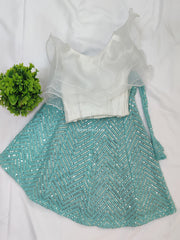 White Organza Top With Light Blue Chikankari Skirt