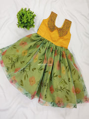 Yellow And Light Green Knee Length Organza Frock
