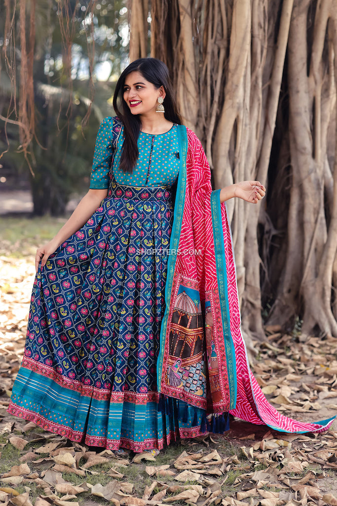 Navy Blue and Red Patola Gown With Bandhani Dupatta