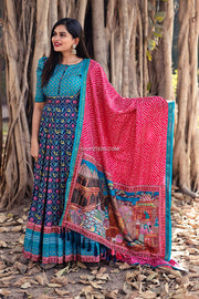 Navy Blue and Red Patola Gown With Bandhani Dupatta
