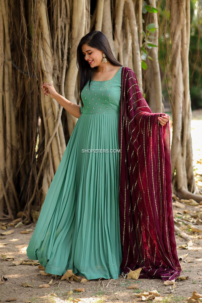 Buy Impressive Green Polyester Embroidered Gown Online - Inddus US –  Inddus.com
