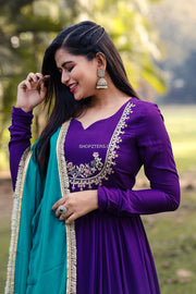 Purple Maxi Dress With Turquoise Dupatta