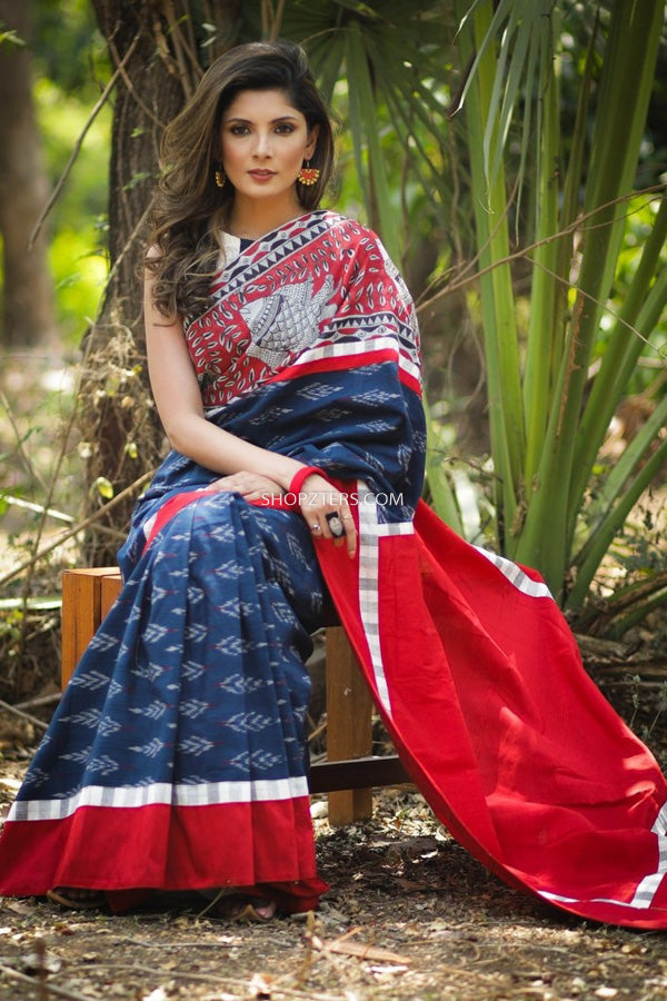 Buy Blue Pure Ikkat Cotton Saree Default Title Shopzters