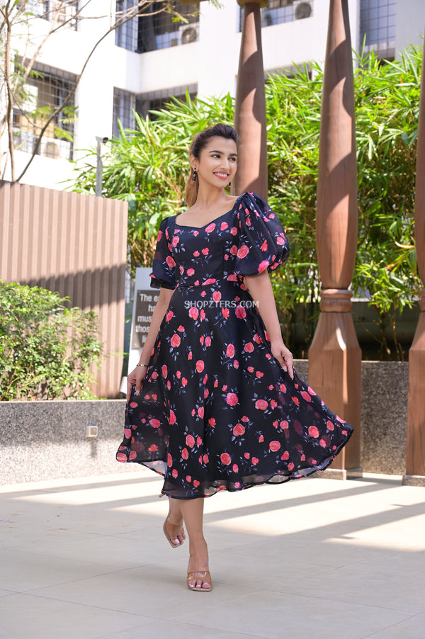 Black floral printed fit and flare midi dress by The Anarkali Shop