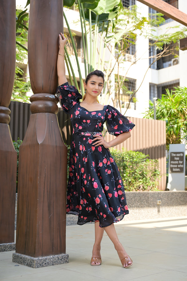 Black &Pink floral puff sleeves Georgette Midi dress