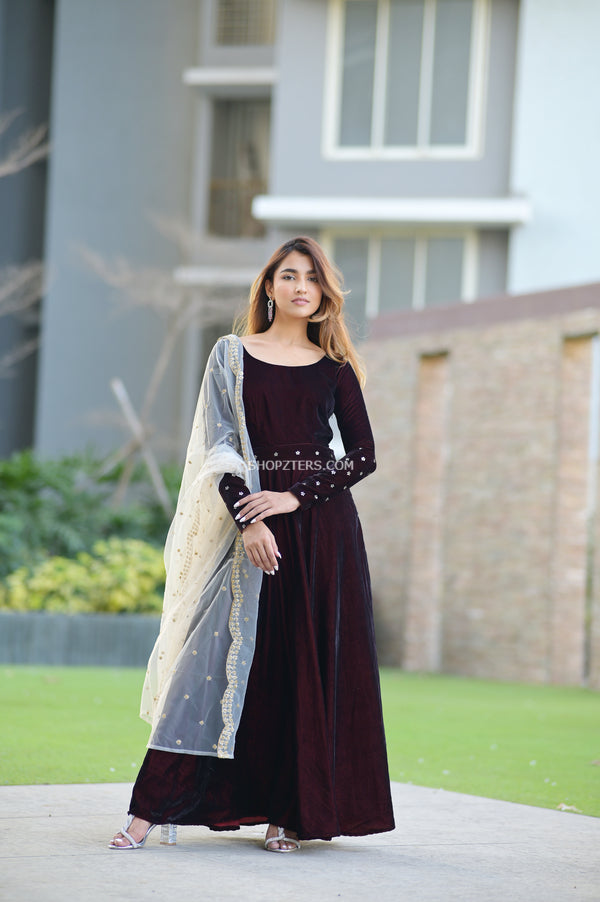 Embroidered Stitch Ladies Party Wear Velvet Long Gown