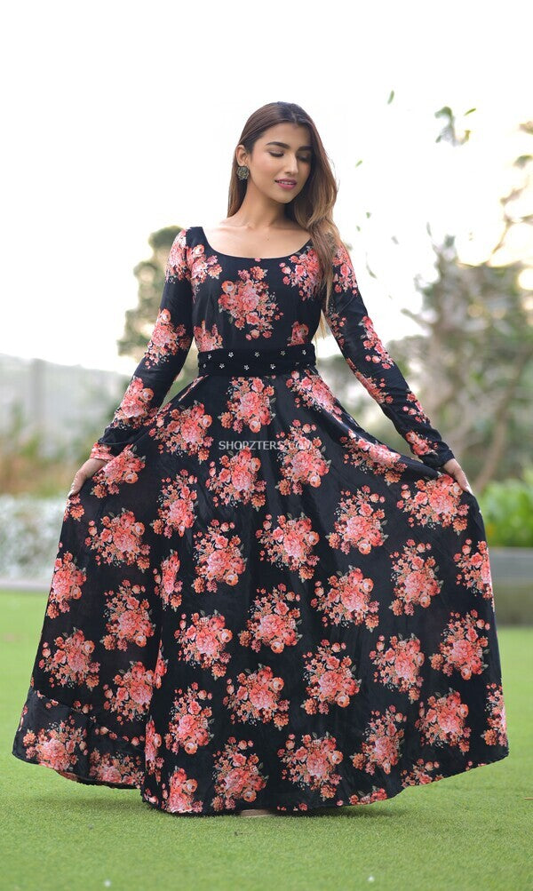 Navy blue floral printed gathered dress by Aaheli | The Secret Label