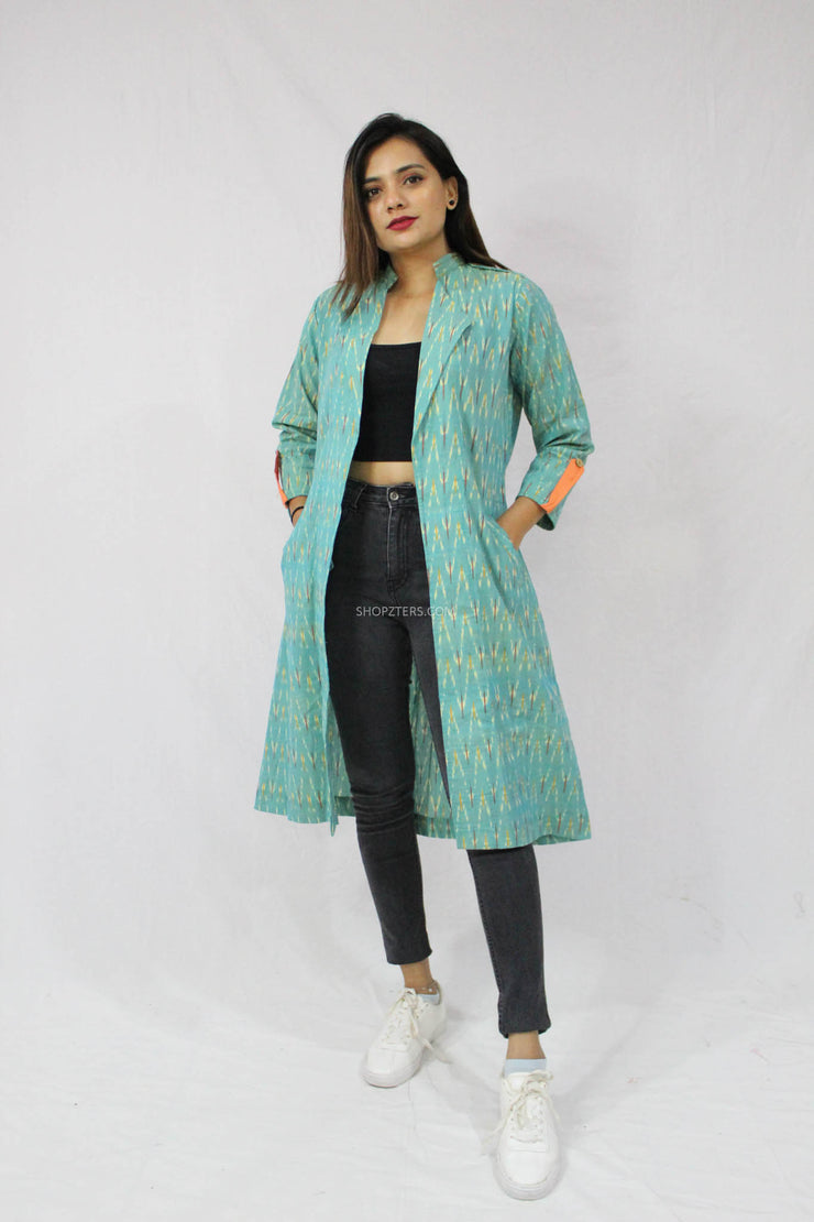 Turquoise Ikkat Long Jacket