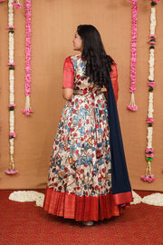 Cream and Red Kalamkari Gown With Navy Blue Dupatta