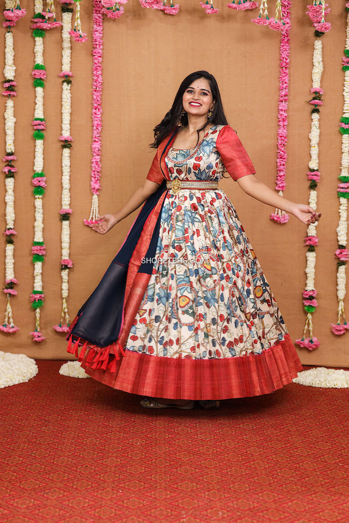 Cream and Red Kalamkari Gown With Navy Blue Dupatta