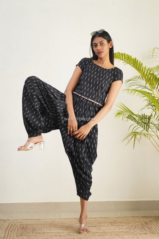 Black Ikat Crop Top With Cowl pants