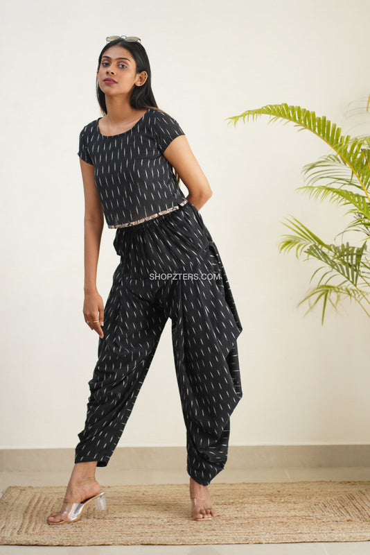 Black Ikat Crop Top With Cowl pants