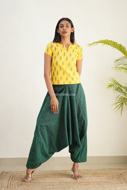 Yellow and Green Ikat Crop Top With Low Crotch Pants