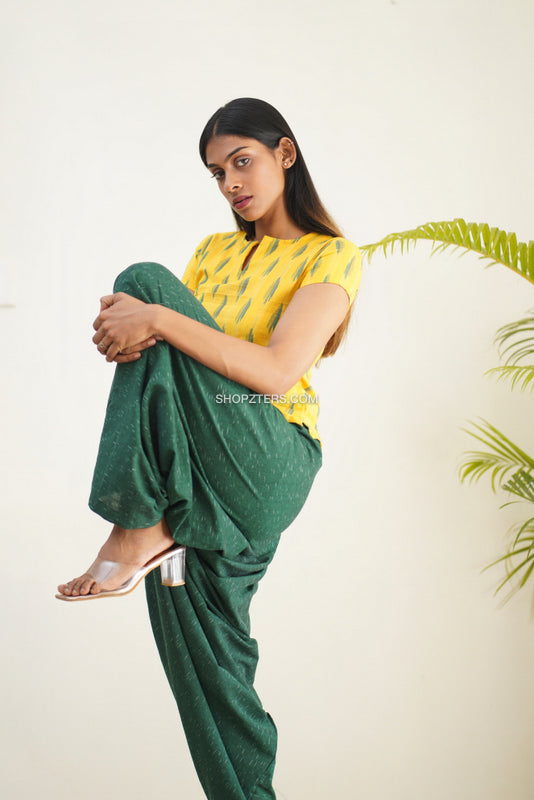 Yellow and Green Ikat Crop Top With Low Crotch Pants