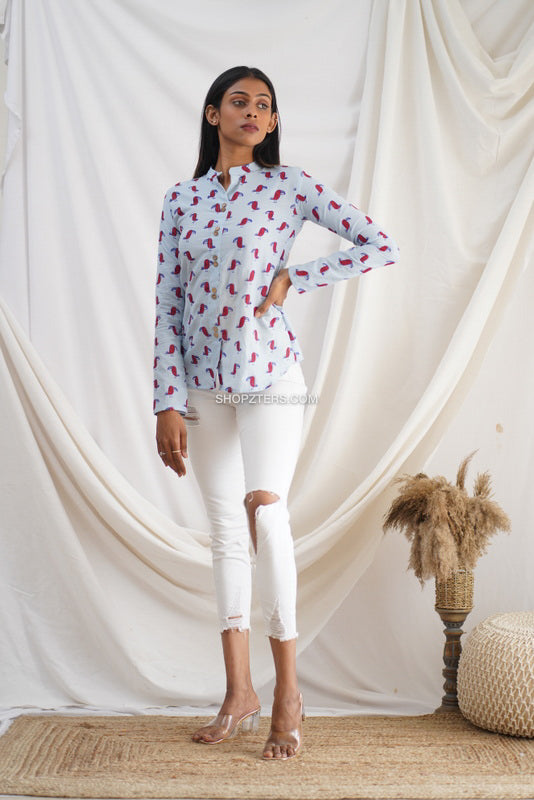 Cotton Cyan Shirt With Shell Buttons