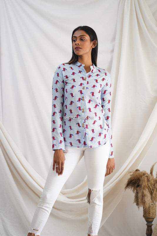 Cotton Cyan Shirt With Shell Buttons