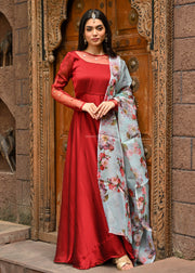 Red Silk Georgette Anarkali With Floral Organza Dupatta