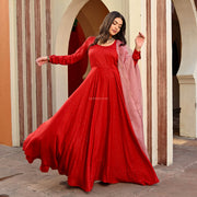 Red Rayon Anarkali With Embroidered Organza Dupatta