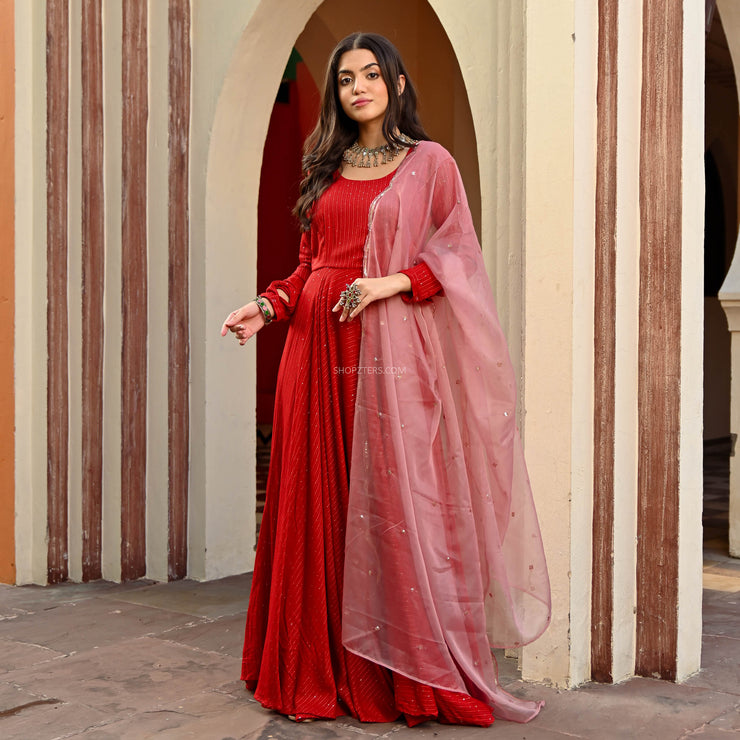 Red Rayon Anarkali With Embroidered Organza Dupatta