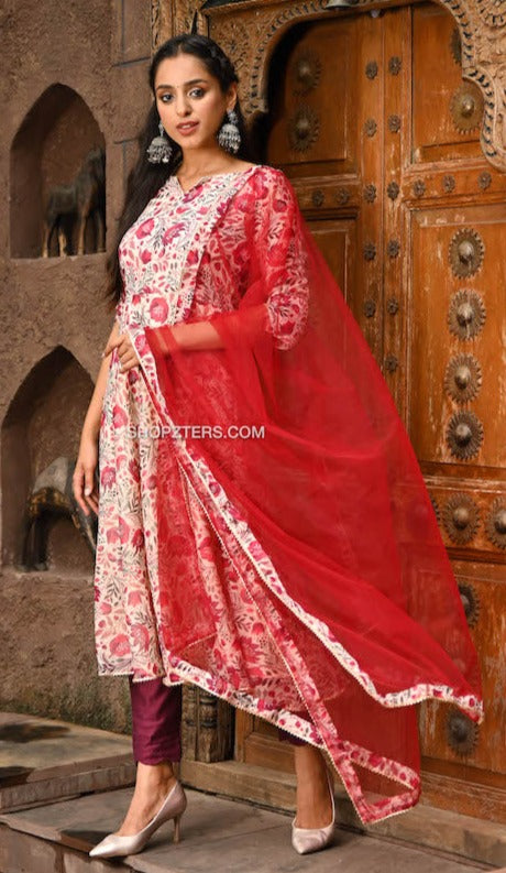 Printed Floral Chanderi Anarkali With Red Dupatta