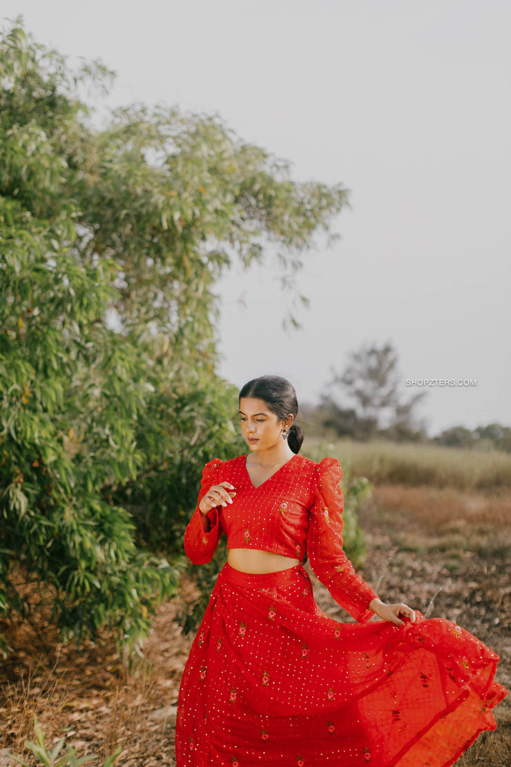 Red Sequin Embroidered Georgette Lehenga