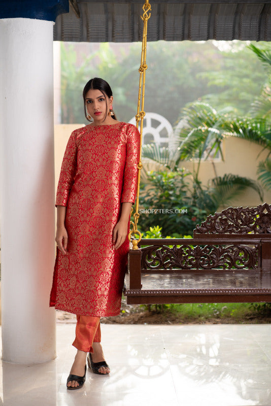 Women Red Gold Ethnic Printed Kurta With Palazzo And Sequence Dupatta –  Nayo Clothing