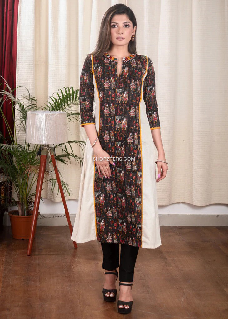 A-Line Pure Cotton Kurta With Madhubani Print