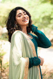 Dark Green Maxi Dress With Light Green Georgette Dupatta