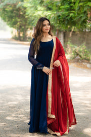 Navy Blue Maxi Dress With Maroon Georgette Dupatta