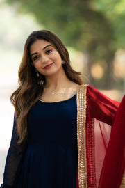 Navy Blue Maxi Dress With Maroon Georgette Dupatta