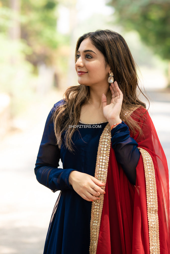 Navy Blue Maxi Dress With Maroon Georgette Dupatta
