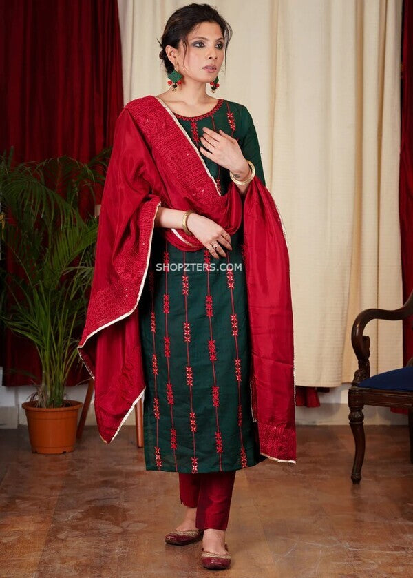 Green and Red Embroidery Kurta With Dupatta