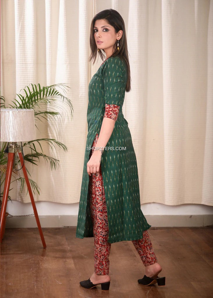 Dark Green Ikat Kurta With Kalamkari Collar