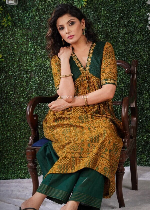 Mustard Ajrakh Kurta With Embroidery