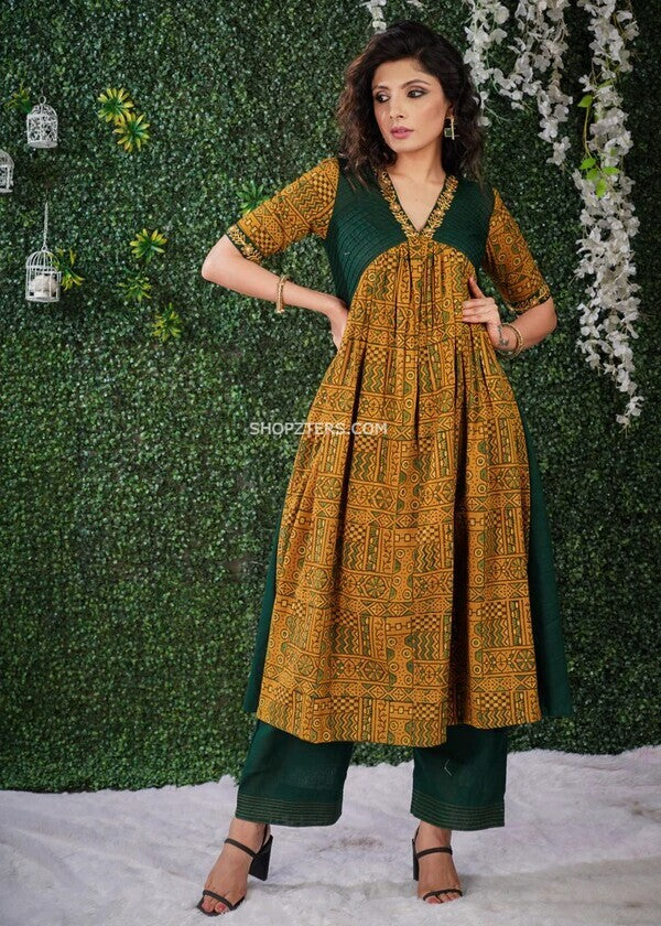 Mustard Ajrakh Kurta With Embroidery