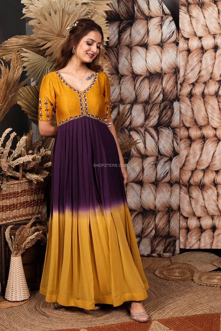 Wine & Yellow Ombre Georgette Dress