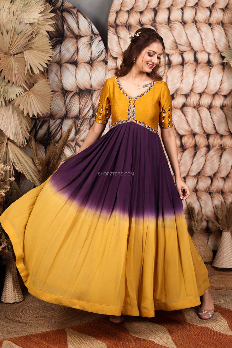 Wine & Yellow Ombre Georgette Dress