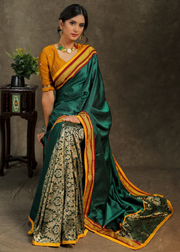 Green Khun Saree With Yellow Border