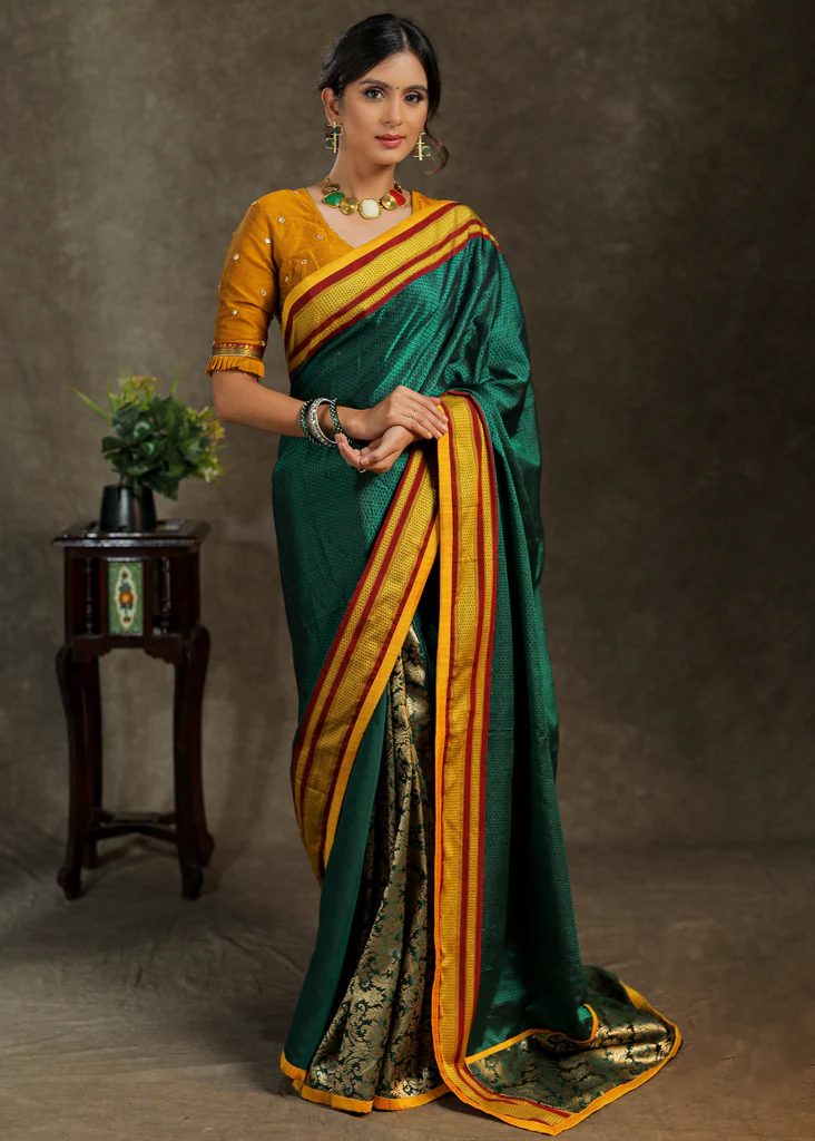 Green Khun Saree With Yellow Border