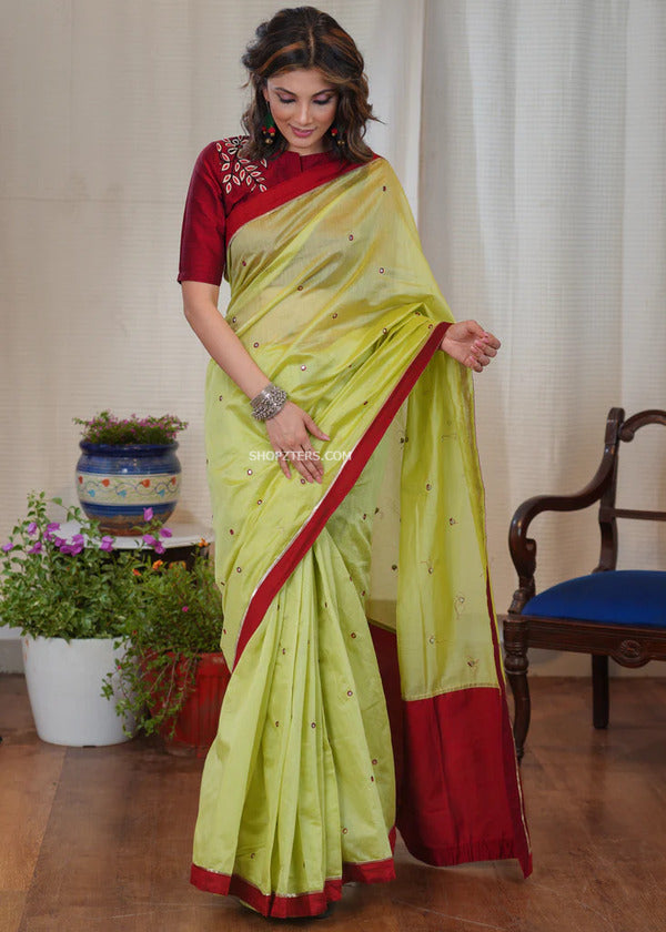 Light Green Chanderi Silk Saree With Maroon Border
