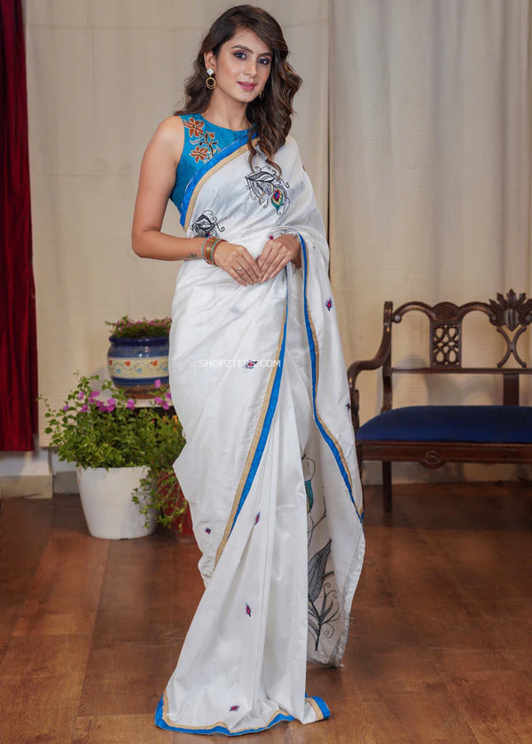 Grey Off White Poly Silk Saree With Blue Border - Buy Online in India @  Mehar
