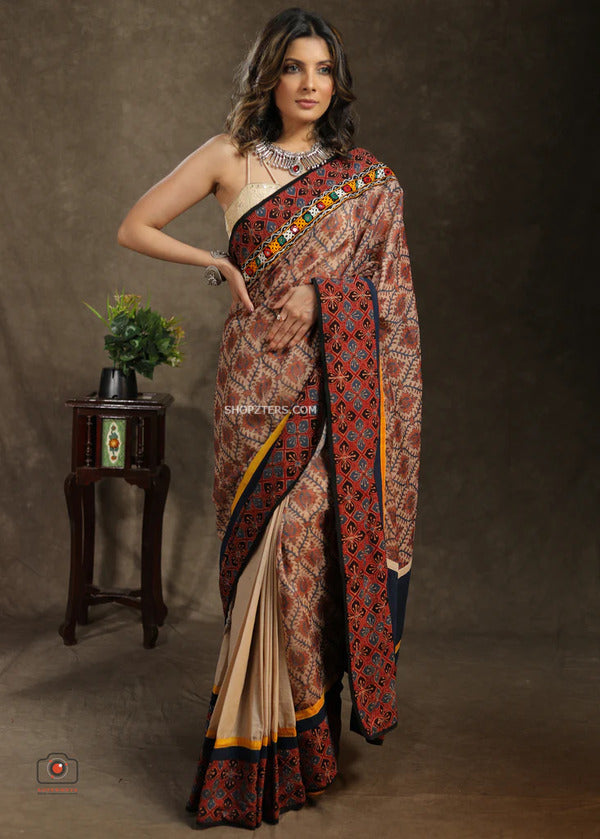 Beige Cotton Saree With Chanderi Pallu