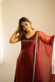 Maroon Chanderi silk cotton sleeveless Kurti with Dupatta